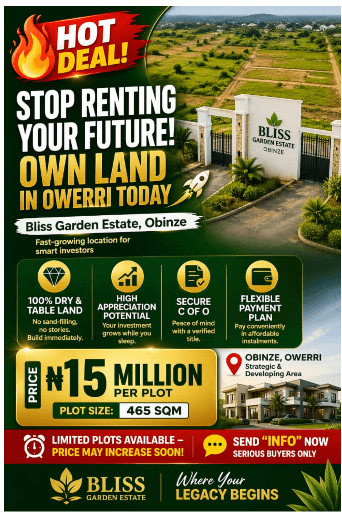 465 SQM Premium Plot for Sale at Bliss Garden Estate, Obinze, Owerri | C of O | ?15 Million